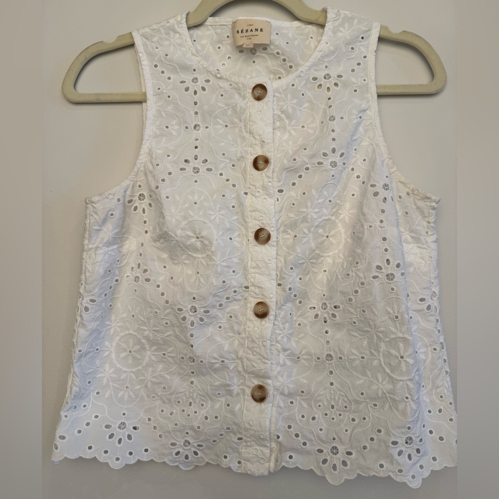 Sezane White Eyelet Cotton Sleeveless Button Front Top